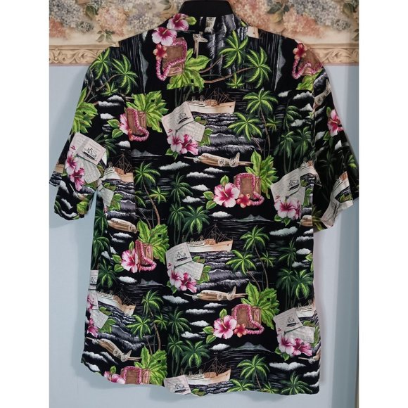 Ho Aloha Hawaii Large Vintage Button Up Vacation Tropical Travel Ship Plane Shir - Picture 4 of 4